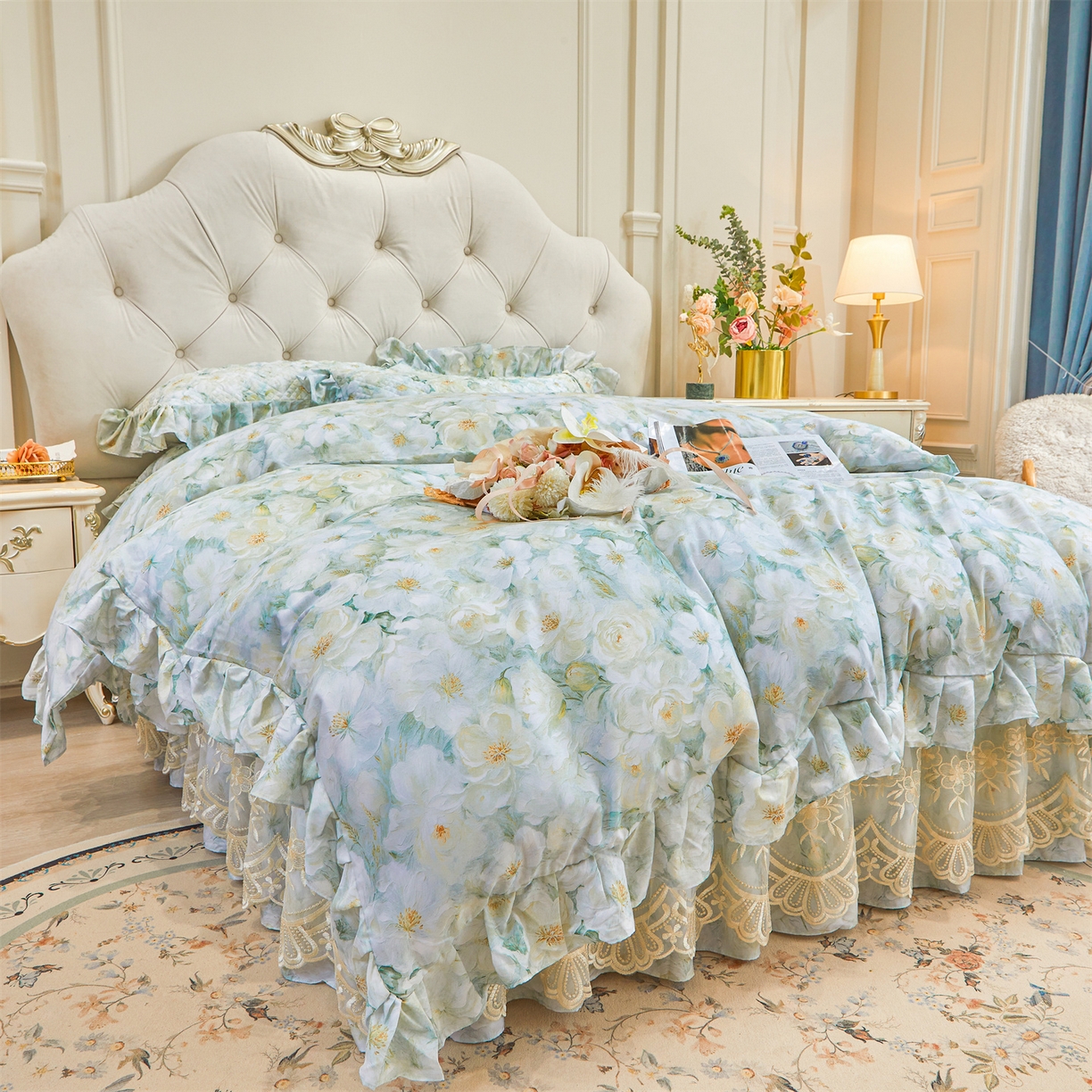 91家纺网 家纺一手货源 找家纺 宜凡家纺 2026新款莱赛尔印花夹棉床裙四件套 栀子花年