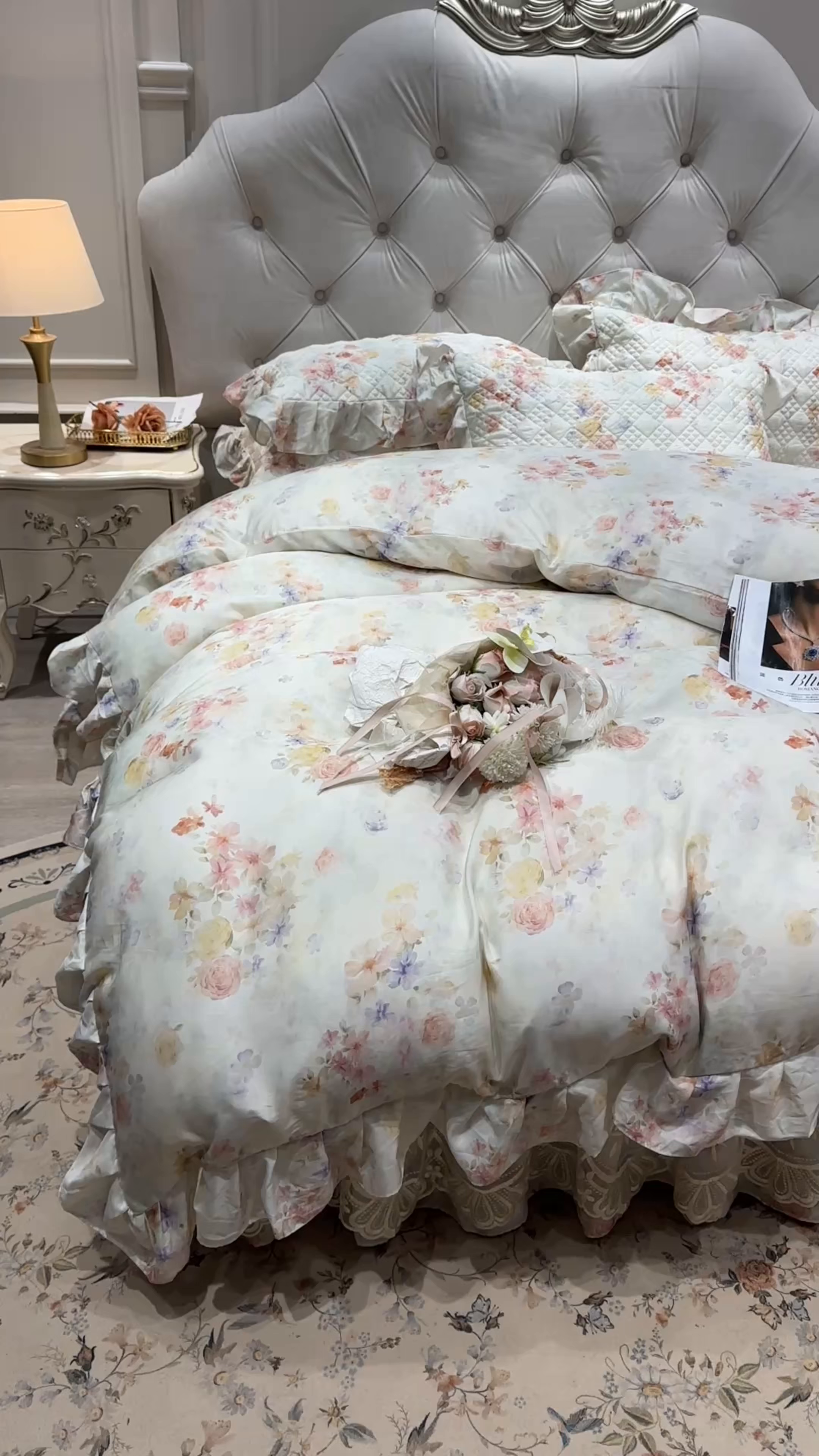 91家纺网 家纺一手货源 找家纺 宜凡家纺 2026新款莱赛尔印花夹棉床裙四件套 海棠听风