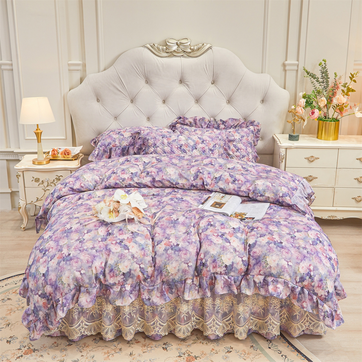 91家纺网 家纺一手货源 找家纺 宜凡家纺 2026新款莱赛尔印花夹棉床裙四件套 海棠碎影