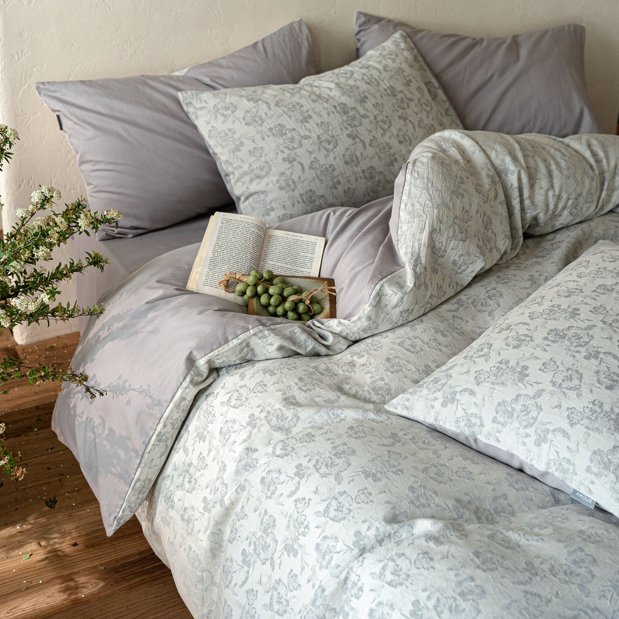 时光里 2026新款全棉纯棉60支色织水洗提花四件套 椿樱时--浅山