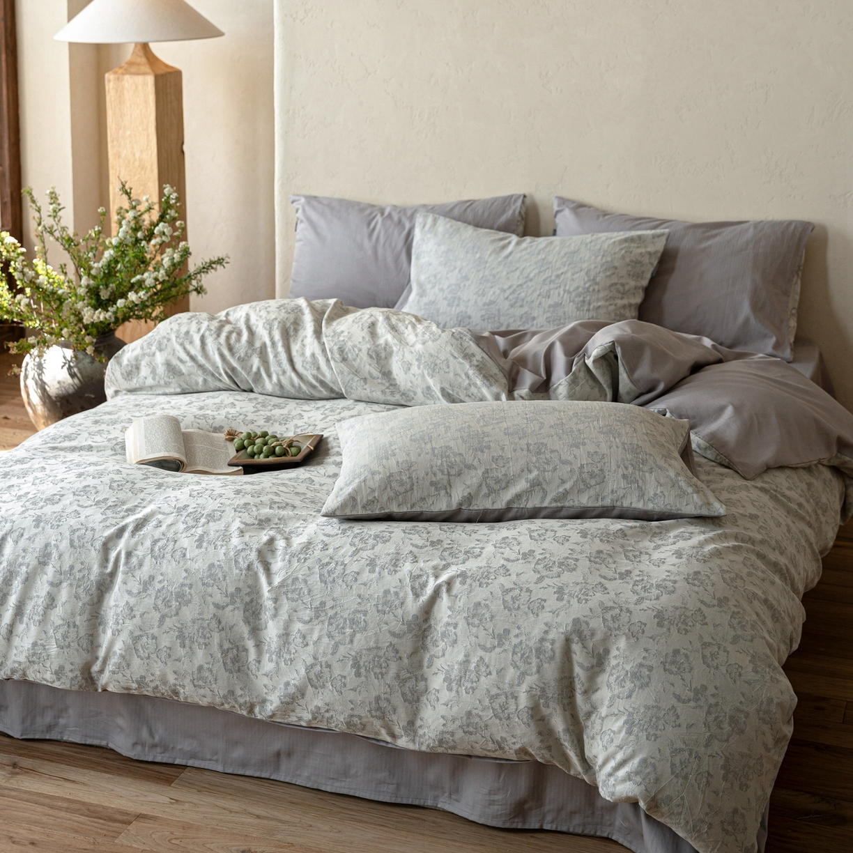 91家纺网 家纺一手货源 找家纺 时光里 2026新款全棉纯棉60支色织水洗提花四件套 椿樱时--浅山