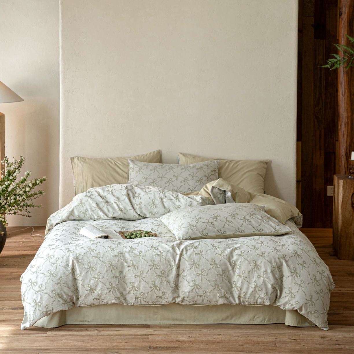 91家纺网 家纺一手货源 找家纺 时光里 2026新款全棉纯棉60支色织水洗提花四件套 蝴蝶结--艾绿