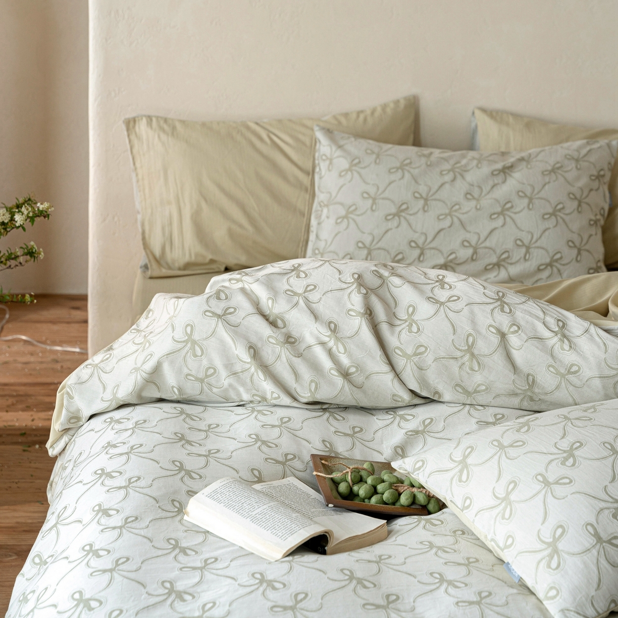 91家纺网 家纺一手货源 找家纺 时光里 2026新款全棉纯棉60支色织水洗提花四件套 蝴蝶结--艾绿