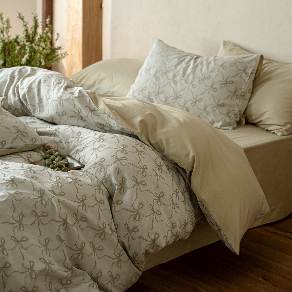 91家纺网 家纺一手货源 找家纺 时光里 2026新款全棉纯棉60支色织水洗提花四件套 蝴蝶结--艾绿