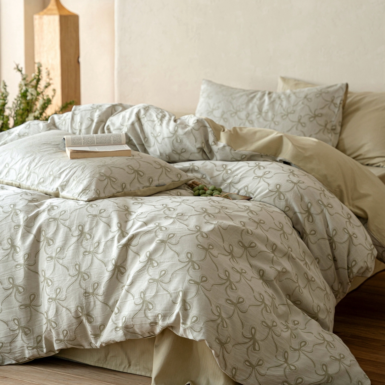 91家纺网 家纺一手货源 找家纺 时光里 2026新款全棉纯棉60支色织水洗提花四件套 蝴蝶结--艾绿