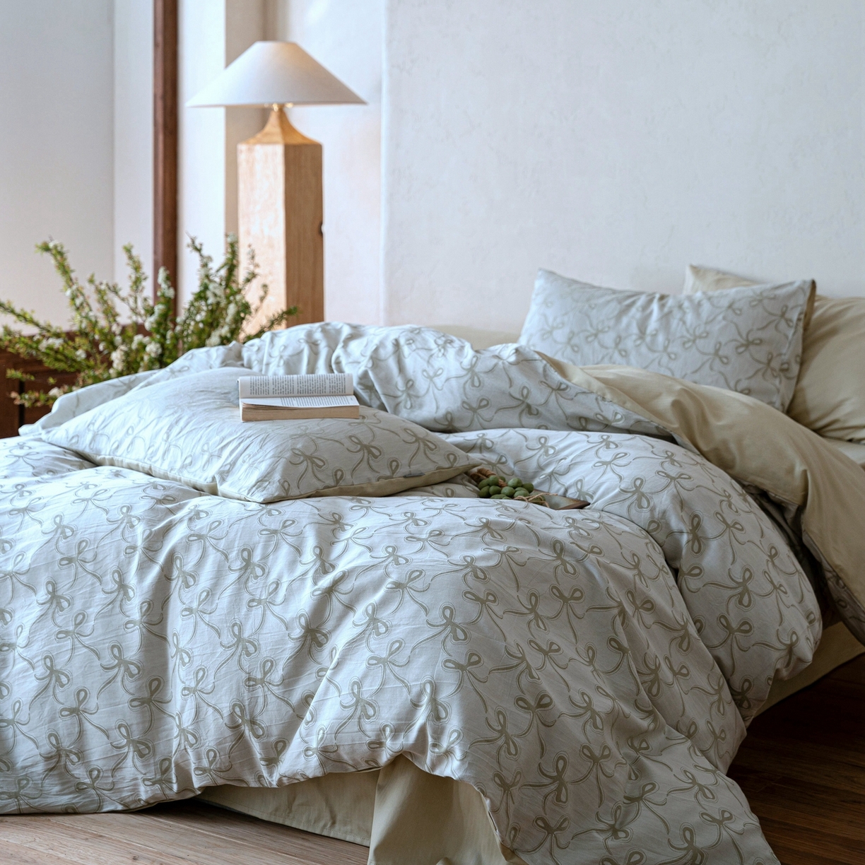 91家纺网 家纺一手货源 找家纺 时光里 2026新款全棉纯棉60支色织水洗提花四件套 蝴蝶结--艾绿