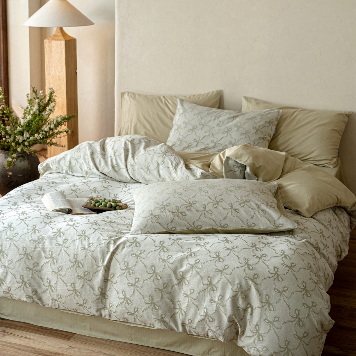 91家纺网 家纺一手货源 找家纺 时光里 2026新款全棉纯棉60支色织水洗提花四件套 蝴蝶结--艾绿