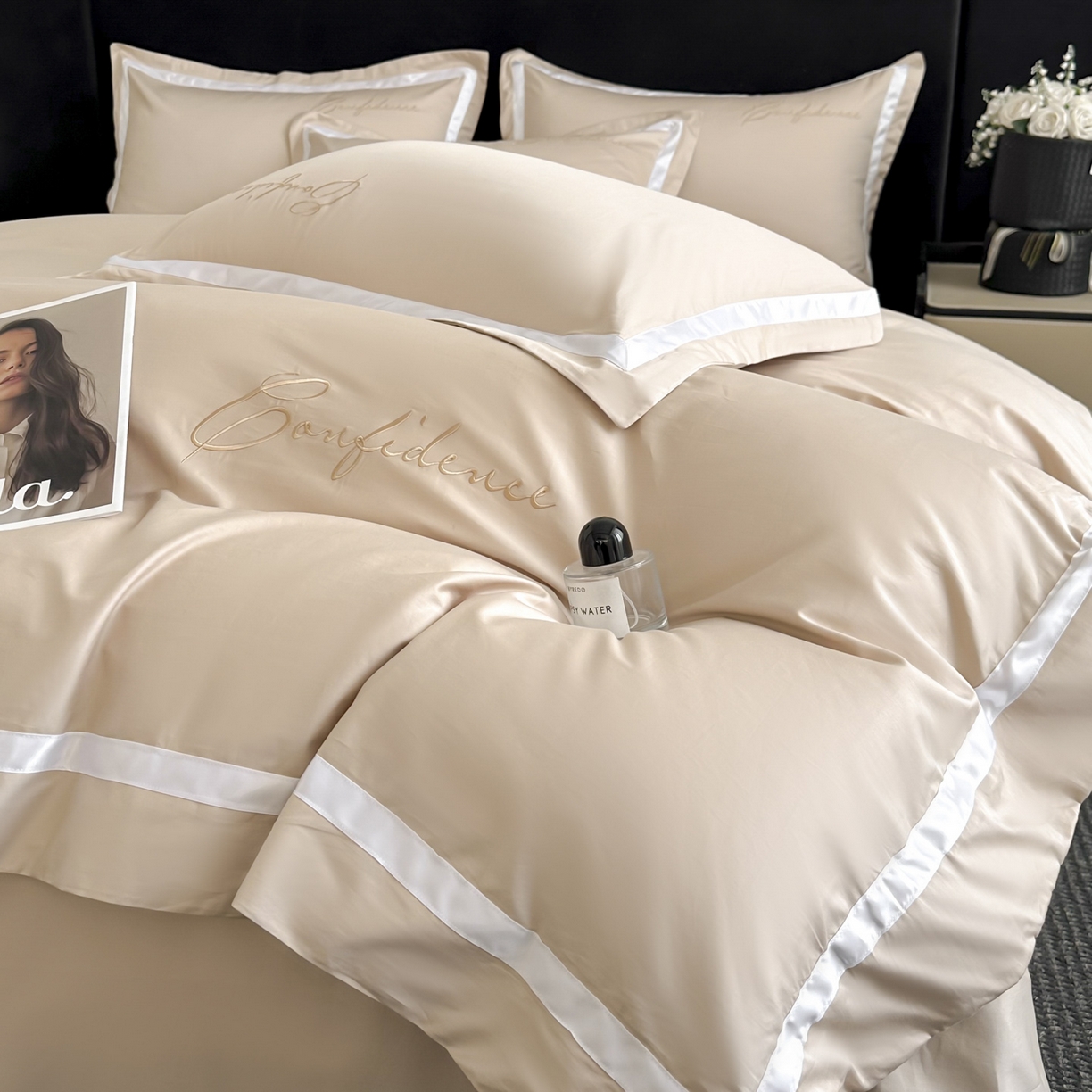 91家纺网 家纺一手货源 找家纺 新方向 【控价 提供买家秀】2026新款刺绣50s双股全棉贡缎长绒棉四件套-自信(控价 标准328元 加大348元) 自信-香槟