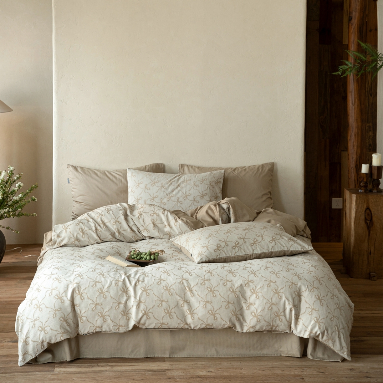 91家纺网 家纺一手货源 找家纺 时光里 2026新款全棉纯棉60支色织水洗提花四件套 蝴蝶结--燕麦