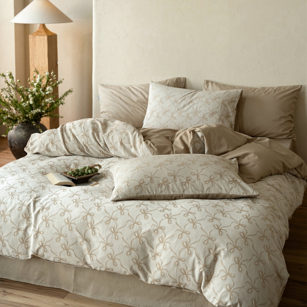 91家纺网 家纺一手货源 找家纺 时光里 2026新款全棉纯棉60支色织水洗提花四件套 蝴蝶结--燕麦