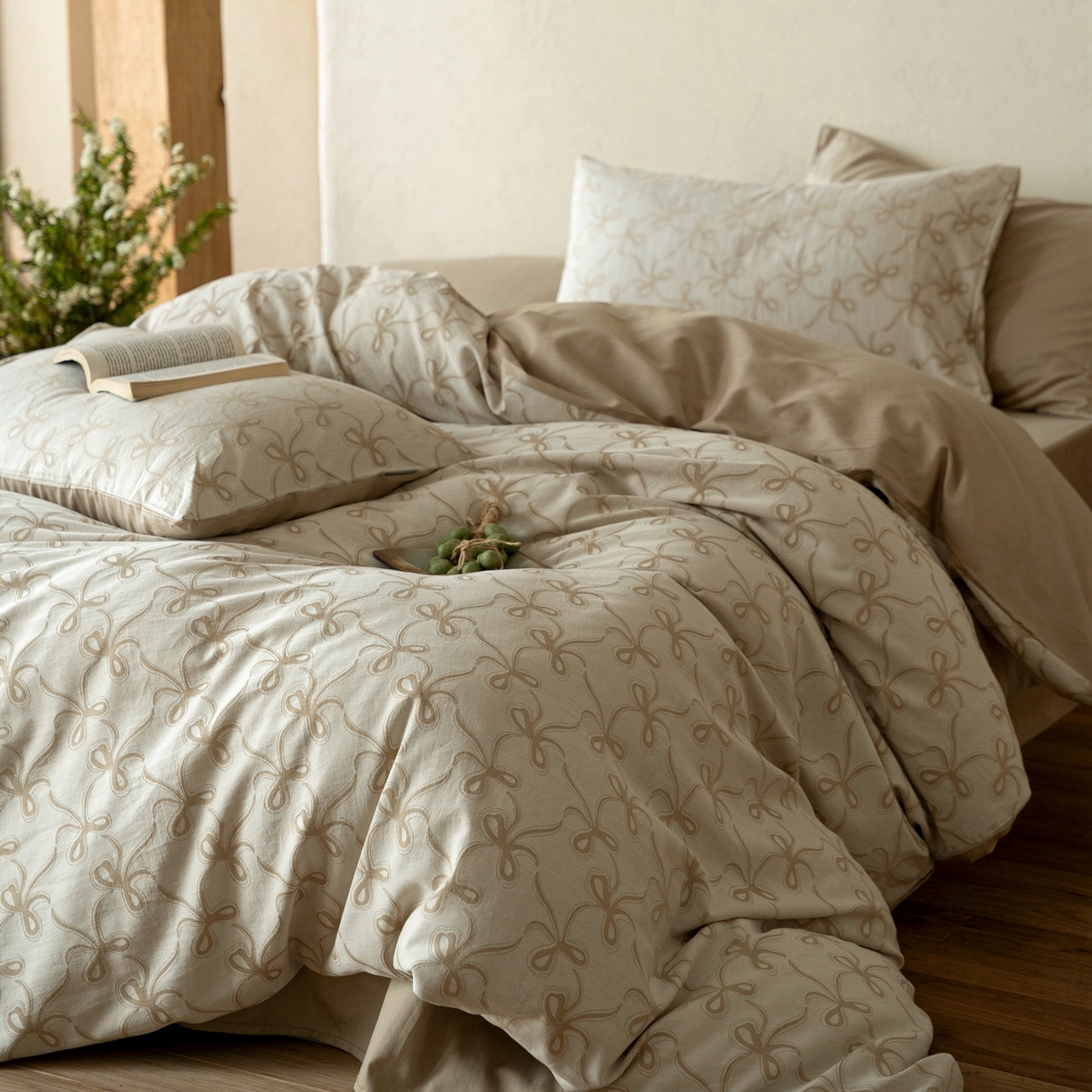 91家纺网 家纺一手货源 找家纺 时光里 2026新款全棉纯棉60支色织水洗提花四件套 蝴蝶结--燕麦