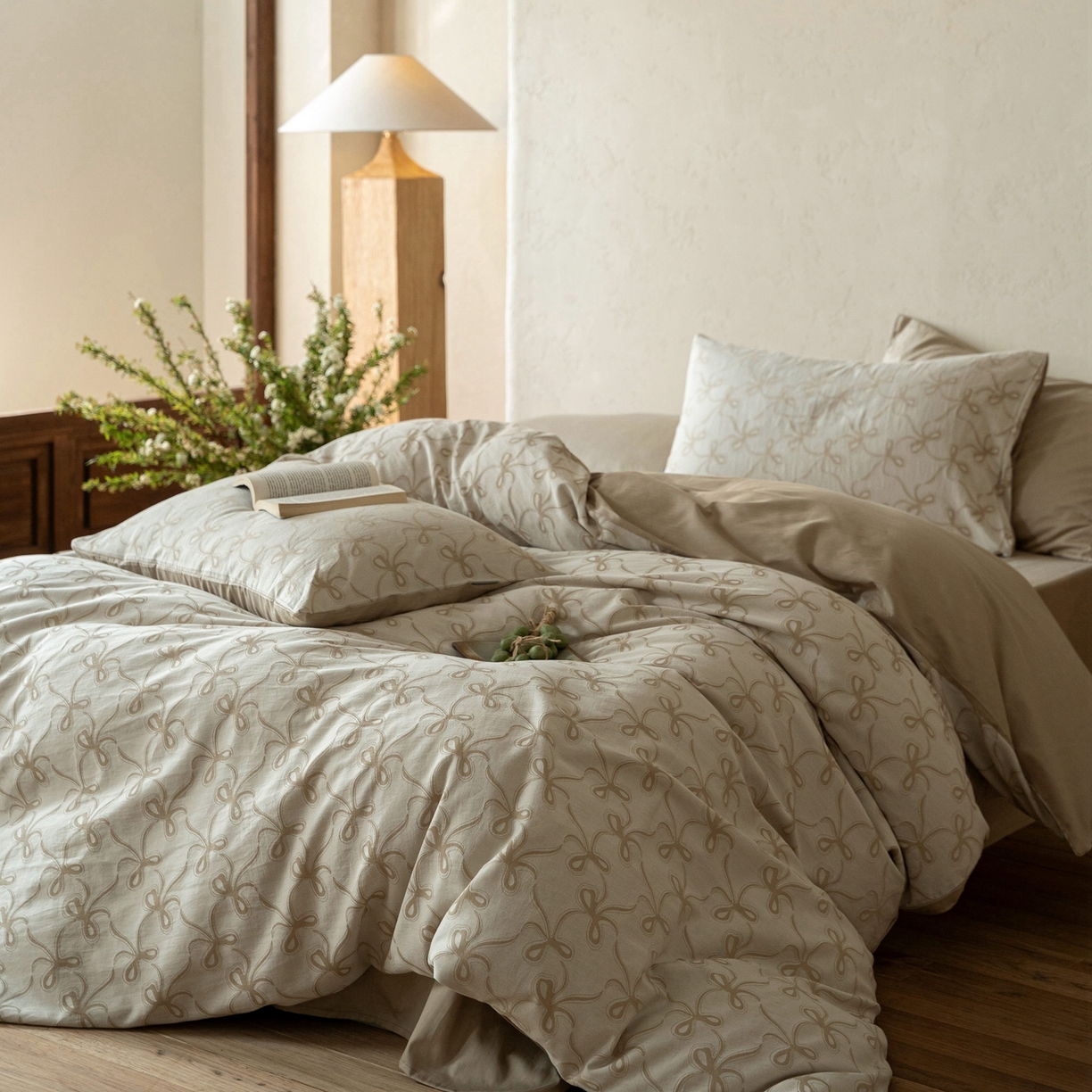 91家纺网 家纺一手货源 找家纺 时光里 2026新款全棉纯棉60支色织水洗提花四件套 蝴蝶结--燕麦