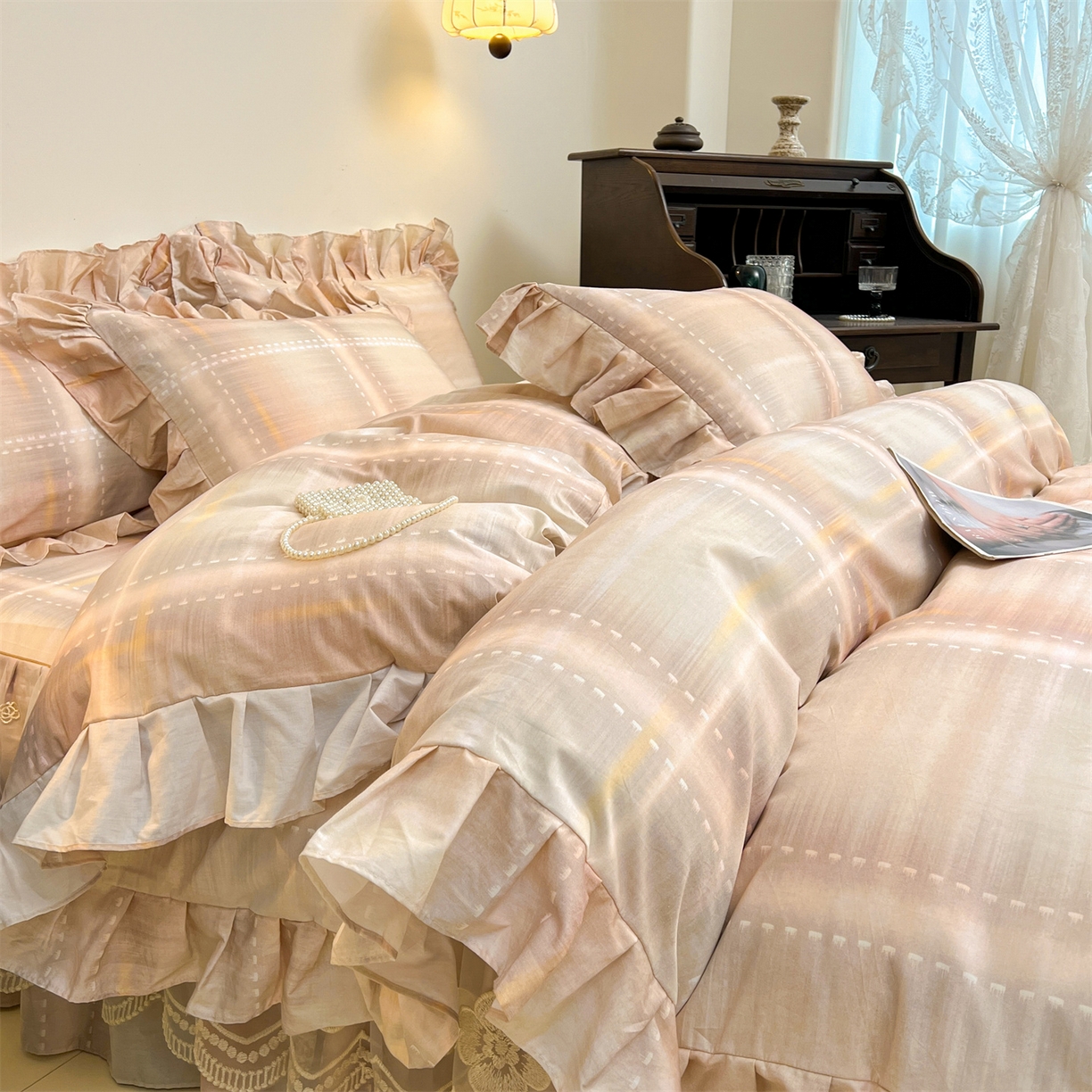 91家纺网 家纺一手货源 找家纺 （总）宜凡家纺 2026新款全棉数码印花单层床裙格子系列四件套