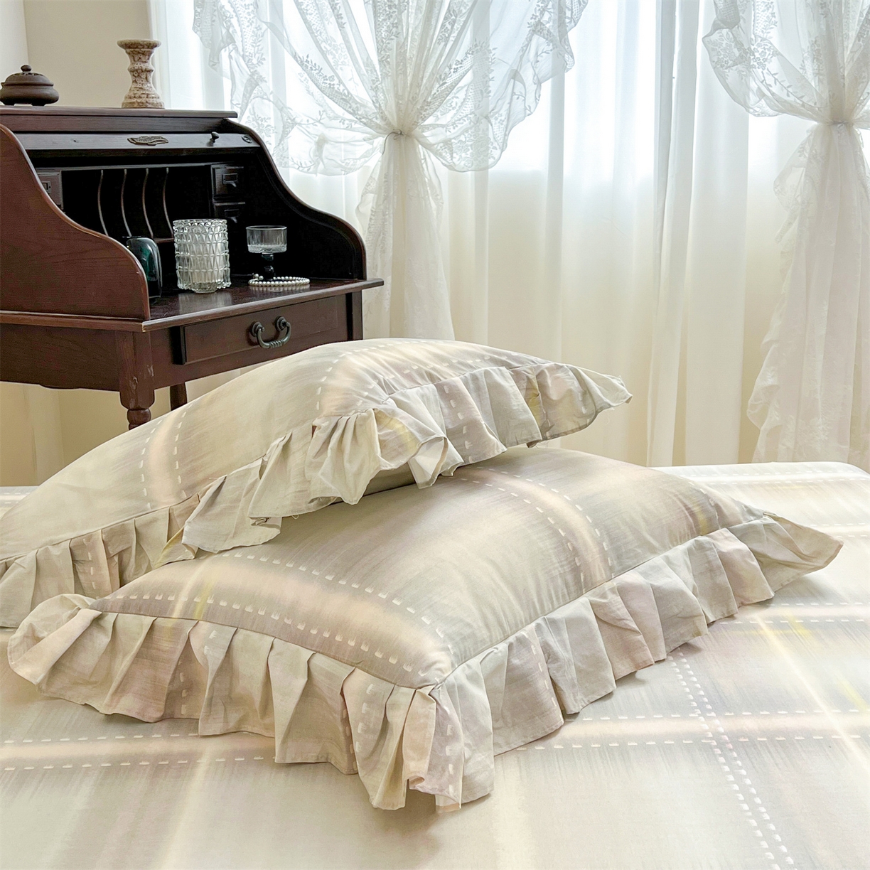 91家纺网 家纺一手货源 找家纺 宜凡家纺 2026新款全棉数码印花单层床裙格子系列四件套 光之羽 绿