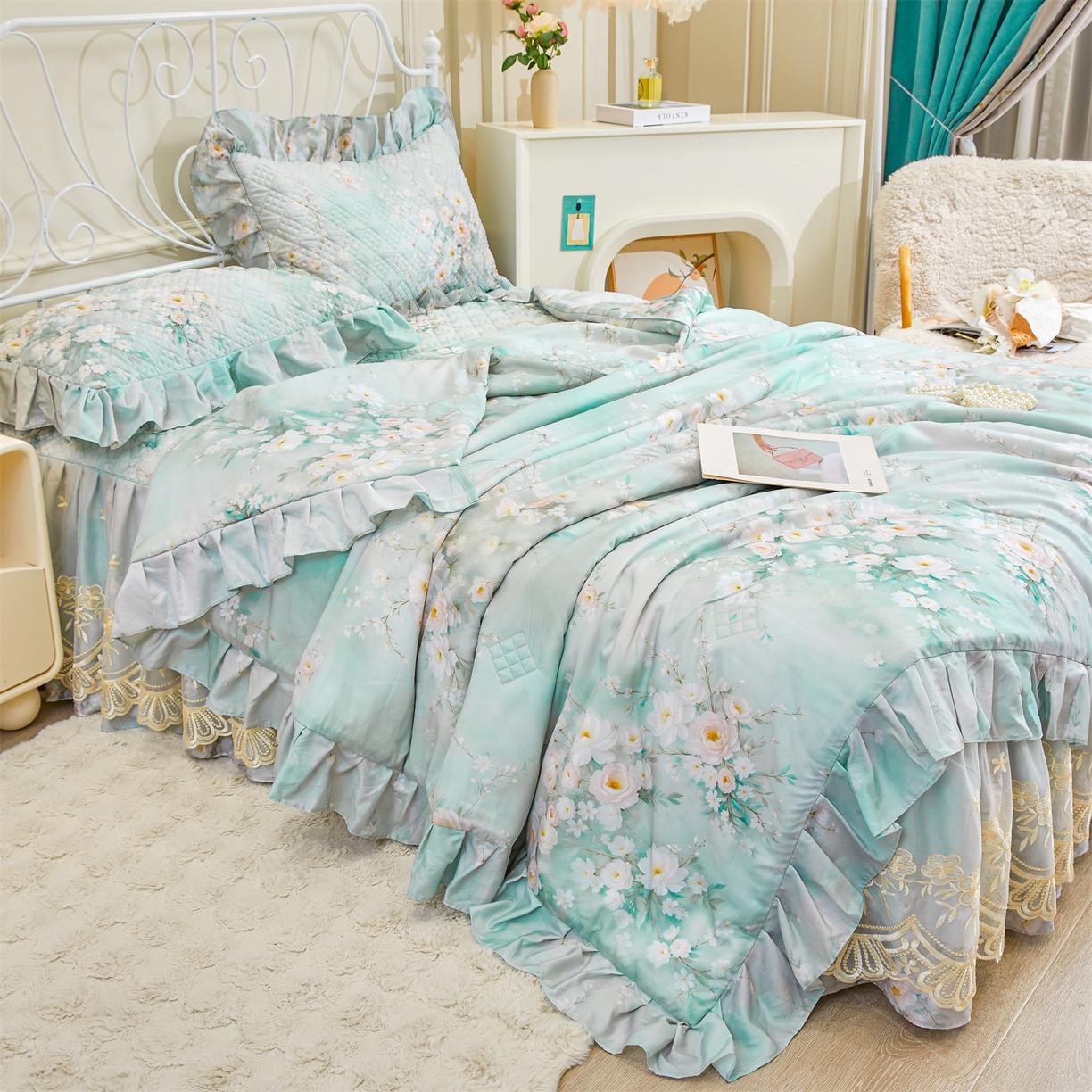 91家纺网 家纺一手货源 找家纺 （总）宜凡家纺 2026新款莱赛尔天丝印花床裙夏被四件套