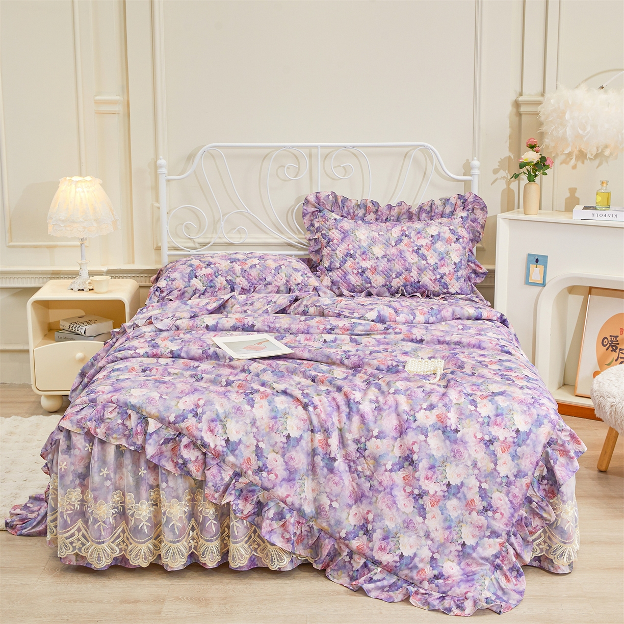 宜凡家纺 2026新款莱赛尔天丝印花床裙夏被四件套 海棠碎影