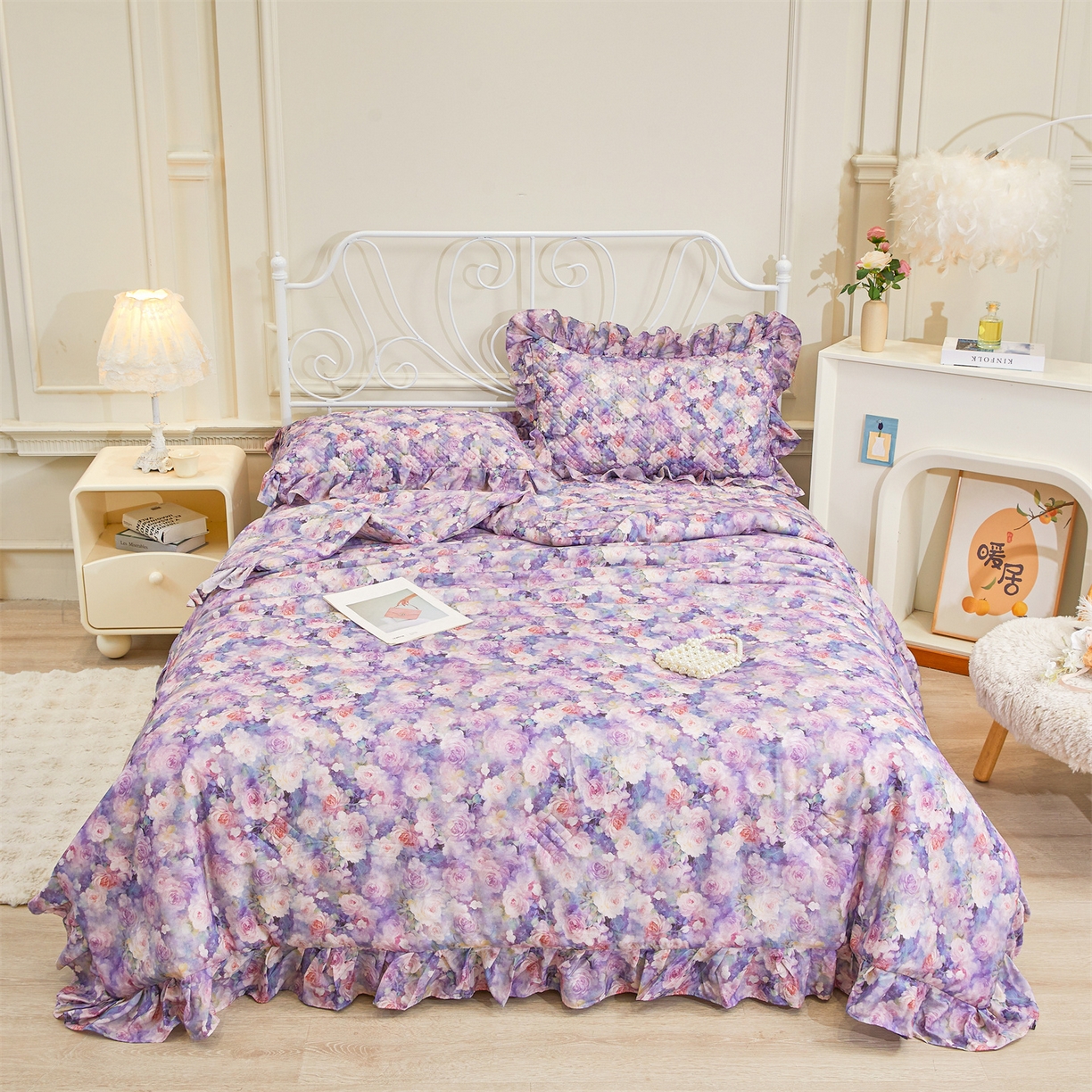 91家纺网 家纺一手货源 找家纺 宜凡家纺 2026新款莱赛尔天丝印花床裙夏被四件套 海棠碎影