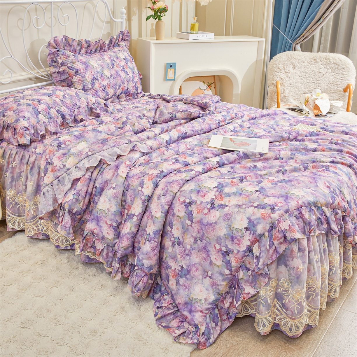 91家纺网 家纺一手货源 找家纺 宜凡家纺 2026新款莱赛尔天丝印花床裙夏被四件套 海棠碎影