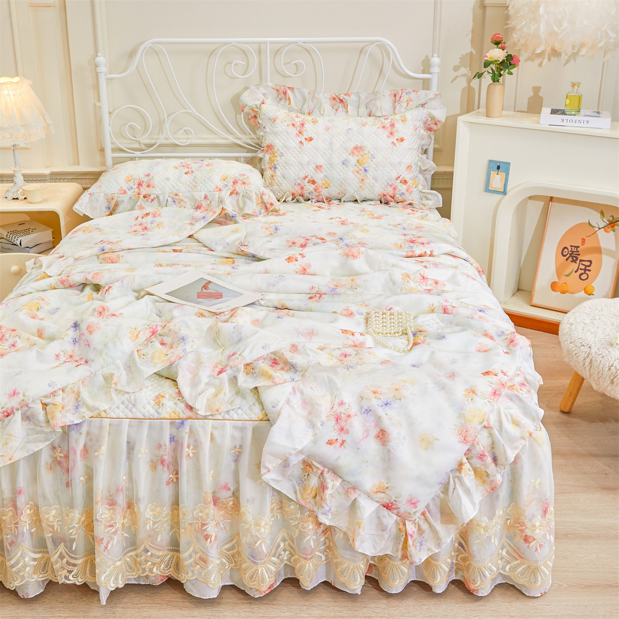 91家纺网 家纺一手货源 找家纺 宜凡家纺 2026新款莱赛尔天丝印花床裙夏被四件套 海棠听风