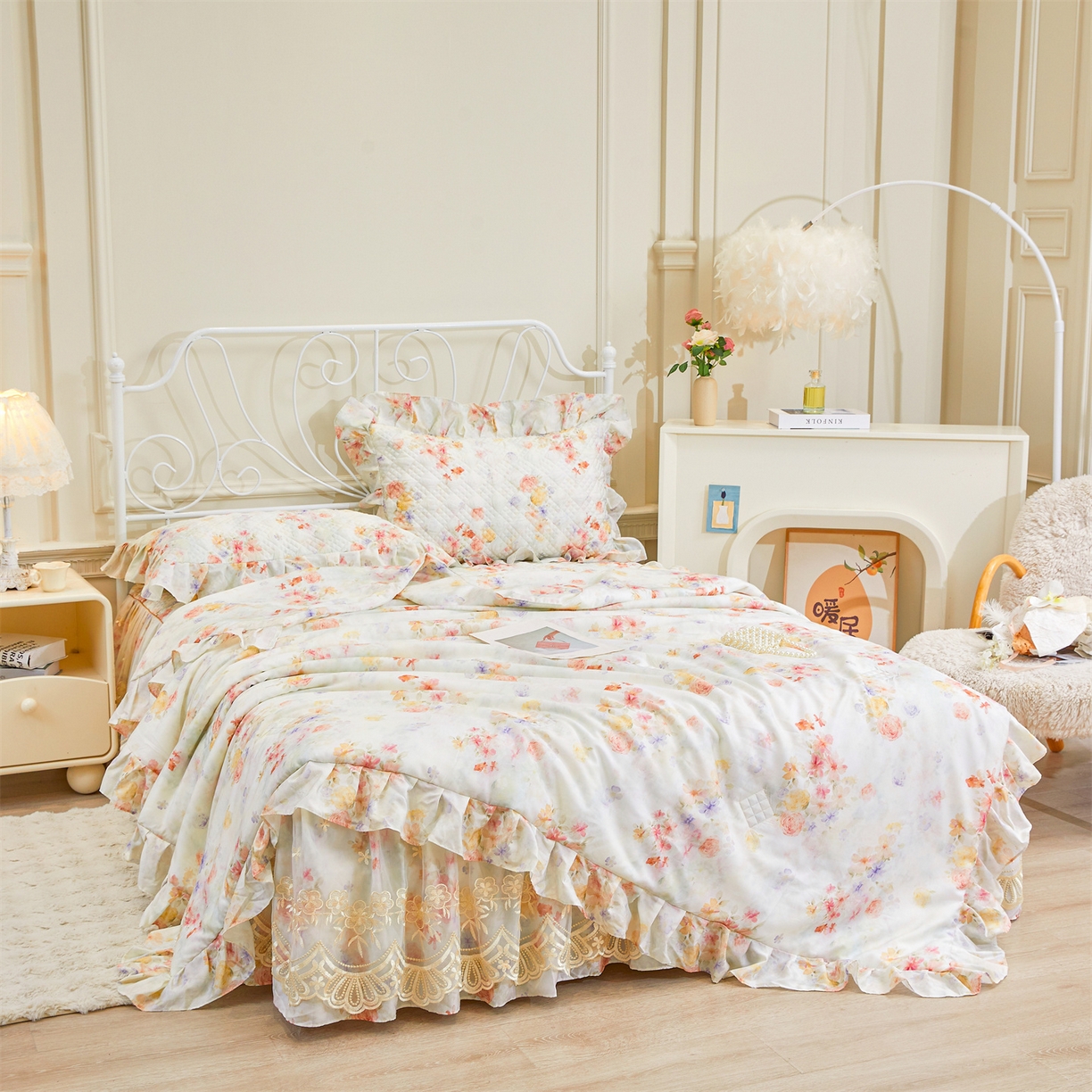 91家纺网 家纺一手货源 找家纺 宜凡家纺 2026新款莱赛尔天丝印花床裙夏被四件套 海棠听风