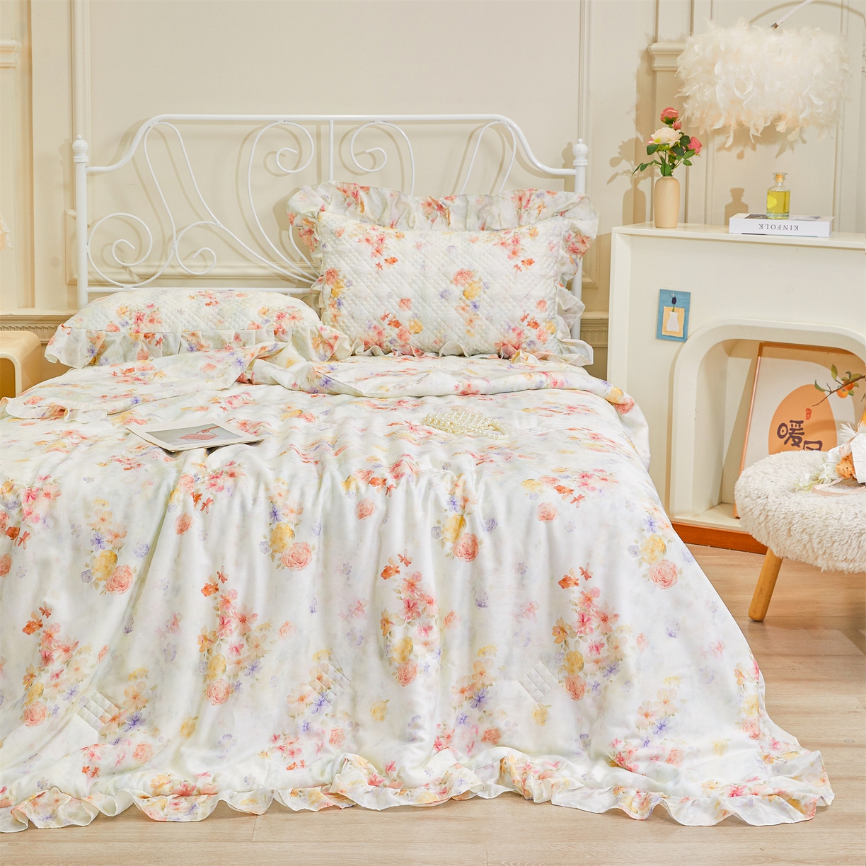 91家纺网 家纺一手货源 找家纺 宜凡家纺 2026新款莱赛尔天丝印花床裙夏被四件套 海棠听风