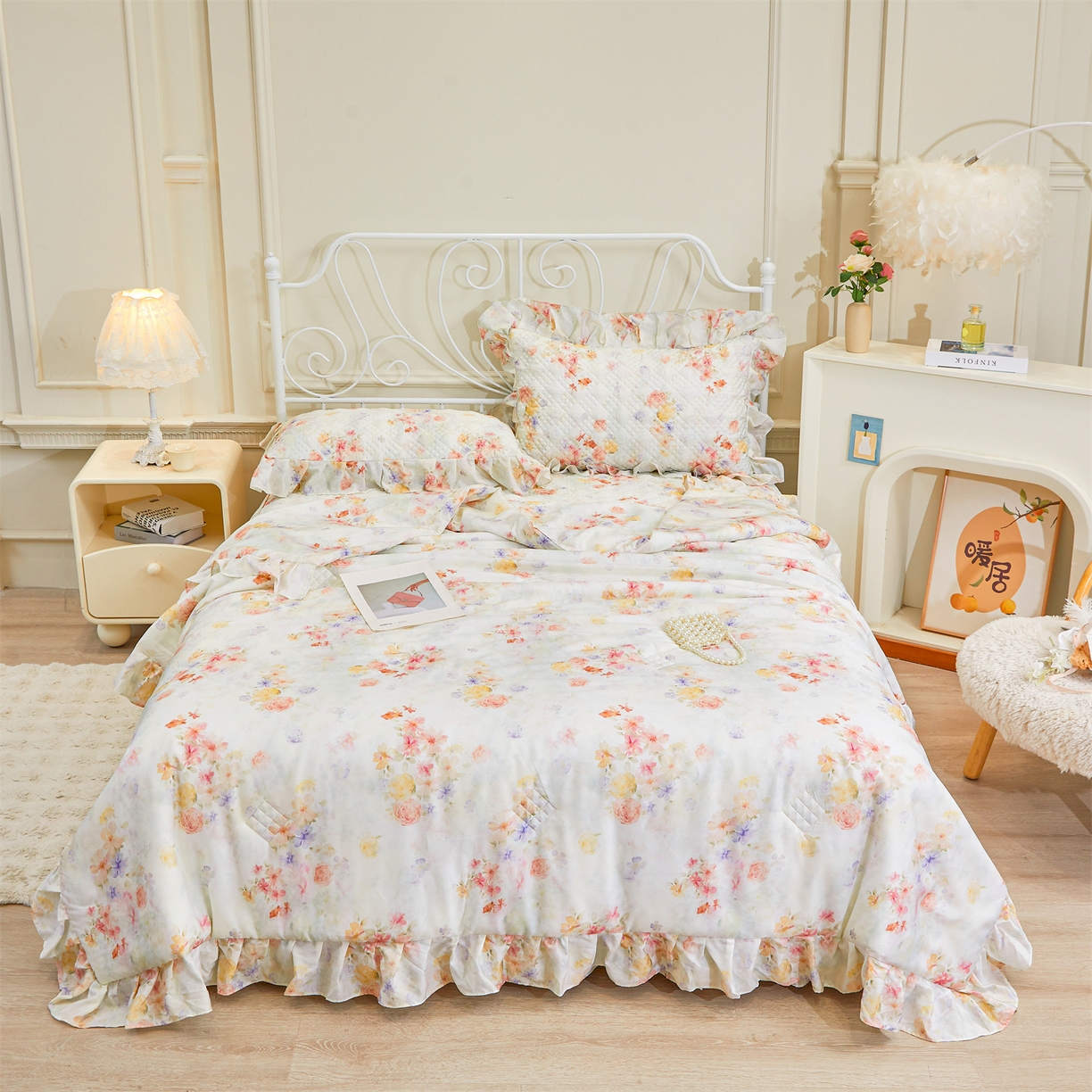 91家纺网 家纺一手货源 找家纺 宜凡家纺 2026新款莱赛尔天丝印花床裙夏被四件套 海棠听风