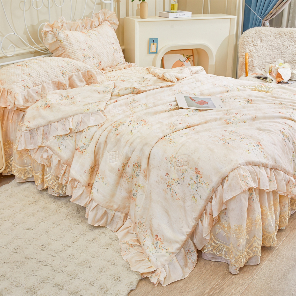 91家纺网 家纺一手货源 找家纺 宜凡家纺 2026新款莱赛尔天丝印花床裙夏被四件套 兰枝玉树