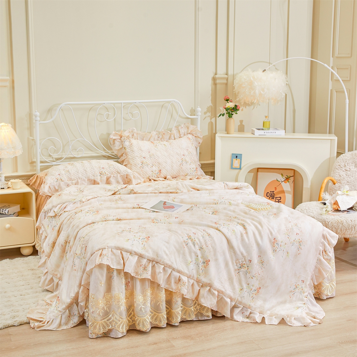 91家纺网 家纺一手货源 找家纺 宜凡家纺 2026新款莱赛尔天丝印花床裙夏被四件套 兰枝玉树