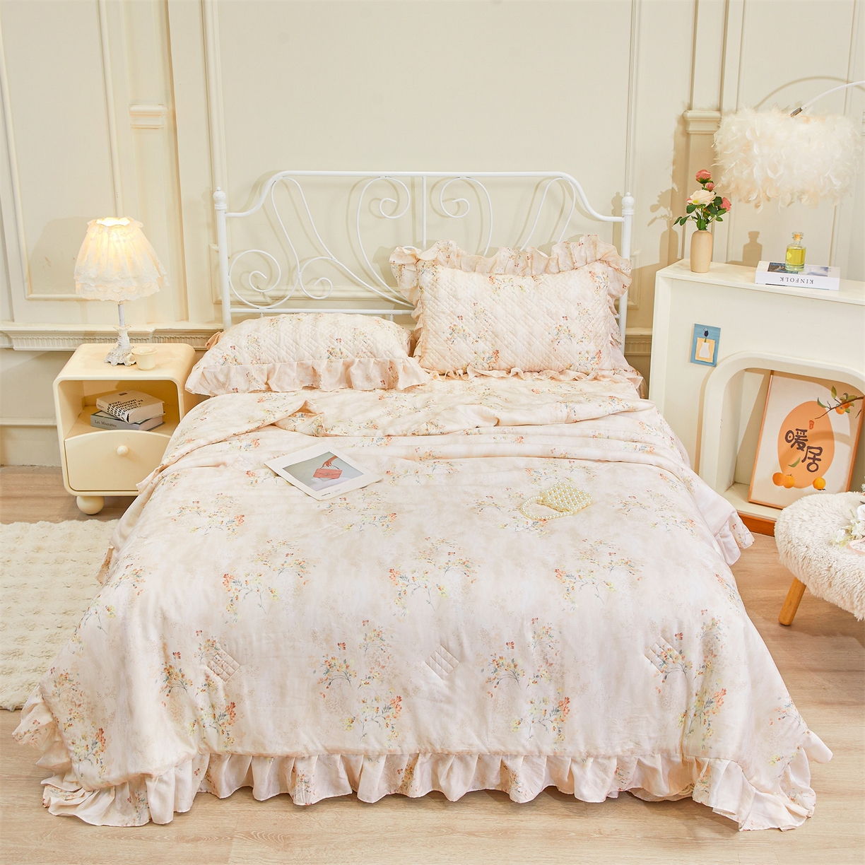 91家纺网 家纺一手货源 找家纺 宜凡家纺 2026新款莱赛尔天丝印花床裙夏被四件套 兰枝玉树