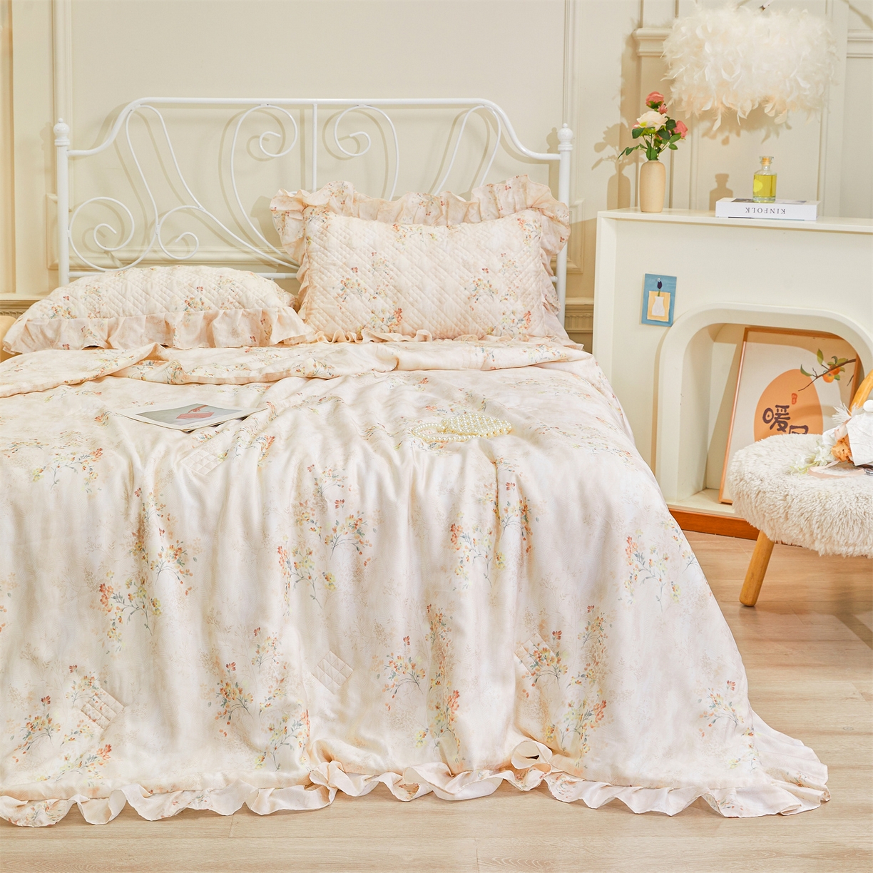 91家纺网 家纺一手货源 找家纺 宜凡家纺 2026新款莱赛尔天丝印花床裙夏被四件套 兰枝玉树