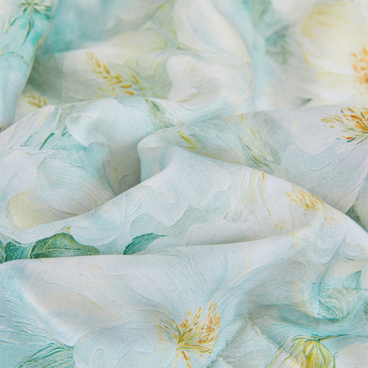 91家纺网 家纺一手货源 找家纺 宜凡家纺 2026新款莱赛尔天丝印花床裙夏被四件套 栀子花年