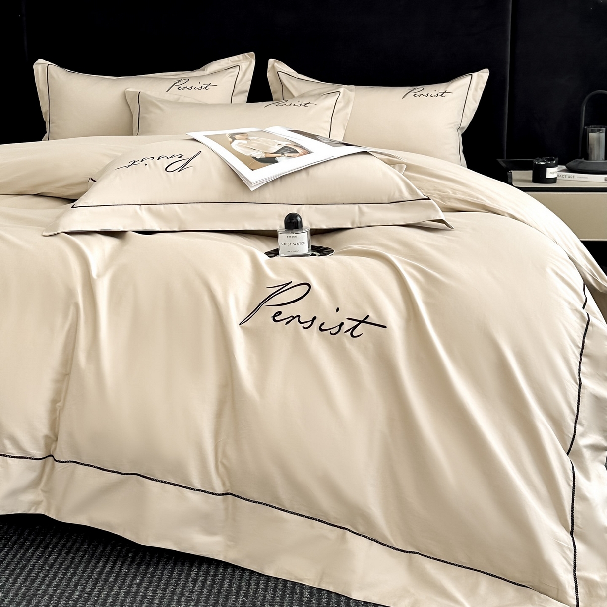 91家纺网 家纺一手货源 找家纺 新方向 【控价 提供买家秀】2026新款 刺绣50s双股全棉贡缎长绒棉四件套-持之以恒(控价 标准318元 加大338元) 持之以恒-香槟