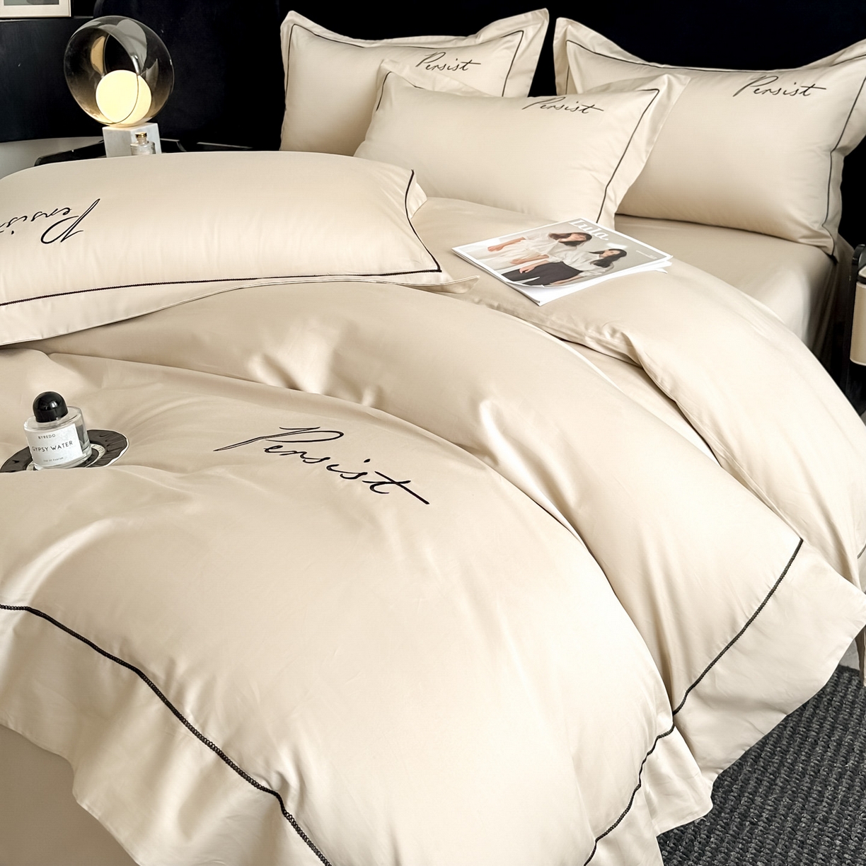 91家纺网 家纺一手货源 找家纺 新方向 【控价 提供买家秀】2026新款 刺绣50s双股全棉贡缎长绒棉四件套-持之以恒(控价 标准318元 加大338元) 持之以恒-香槟