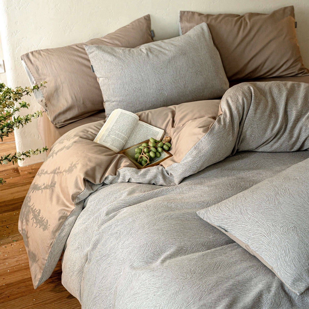 时光里 2026新款全棉纯棉60支色织水洗提花四件套 一纸流光-琥珀棕