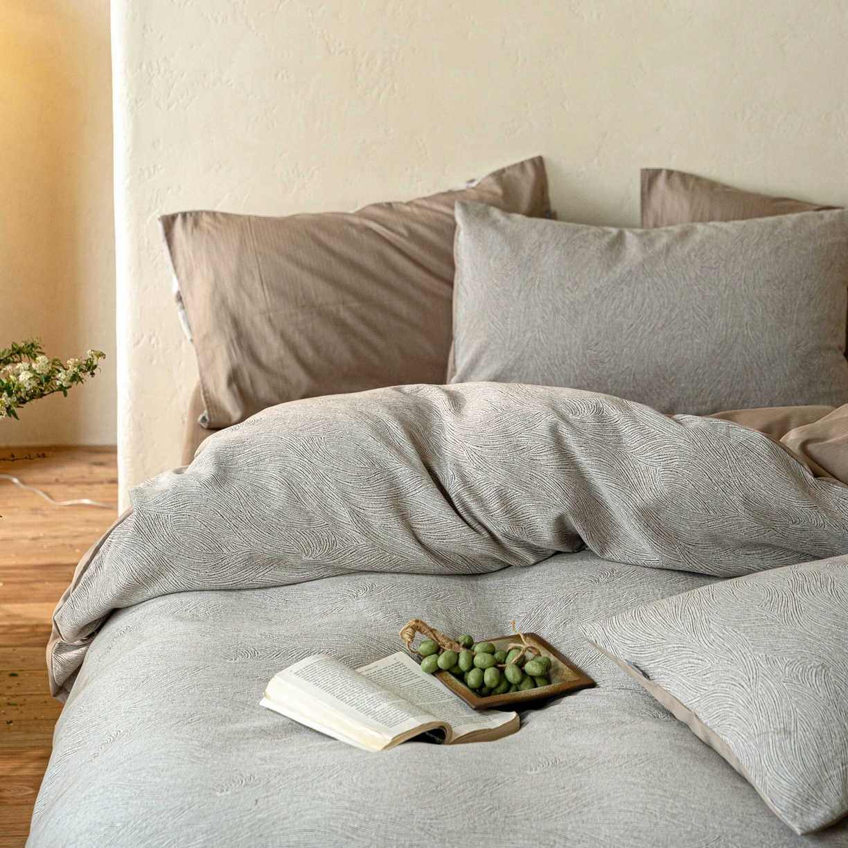 91家纺网 家纺一手货源 找家纺 时光里 2026新款全棉纯棉60支色织水洗提花四件套 一纸流光-琥珀棕