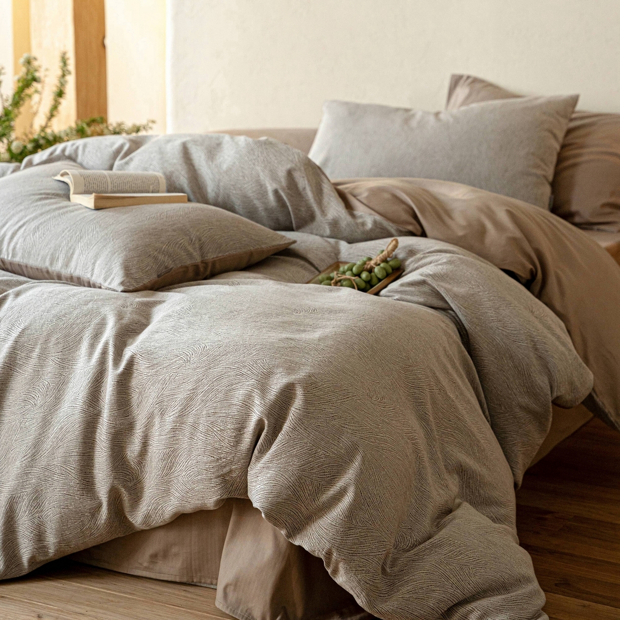 91家纺网 家纺一手货源 找家纺 时光里 2026新款全棉纯棉60支色织水洗提花四件套 一纸流光-琥珀棕