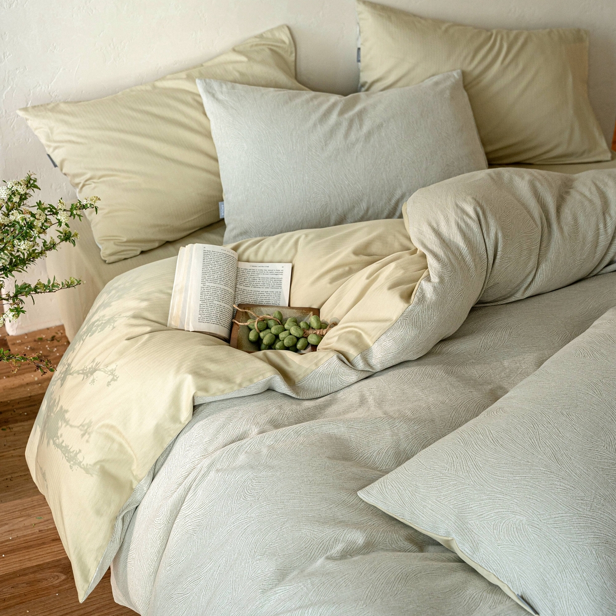 时光里 2026新款全棉纯棉60支色织水洗提花四件套 一纸流光-绢色