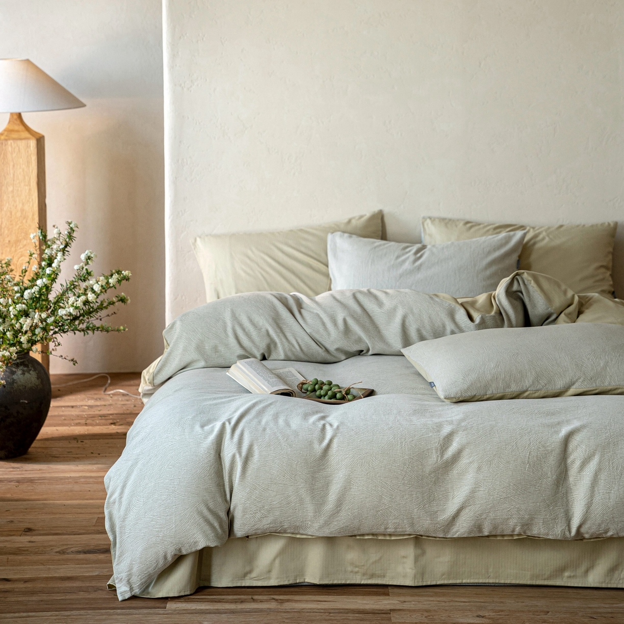 91家纺网 家纺一手货源 找家纺 时光里 2026新款全棉纯棉60支色织水洗提花四件套 一纸流光-绢色