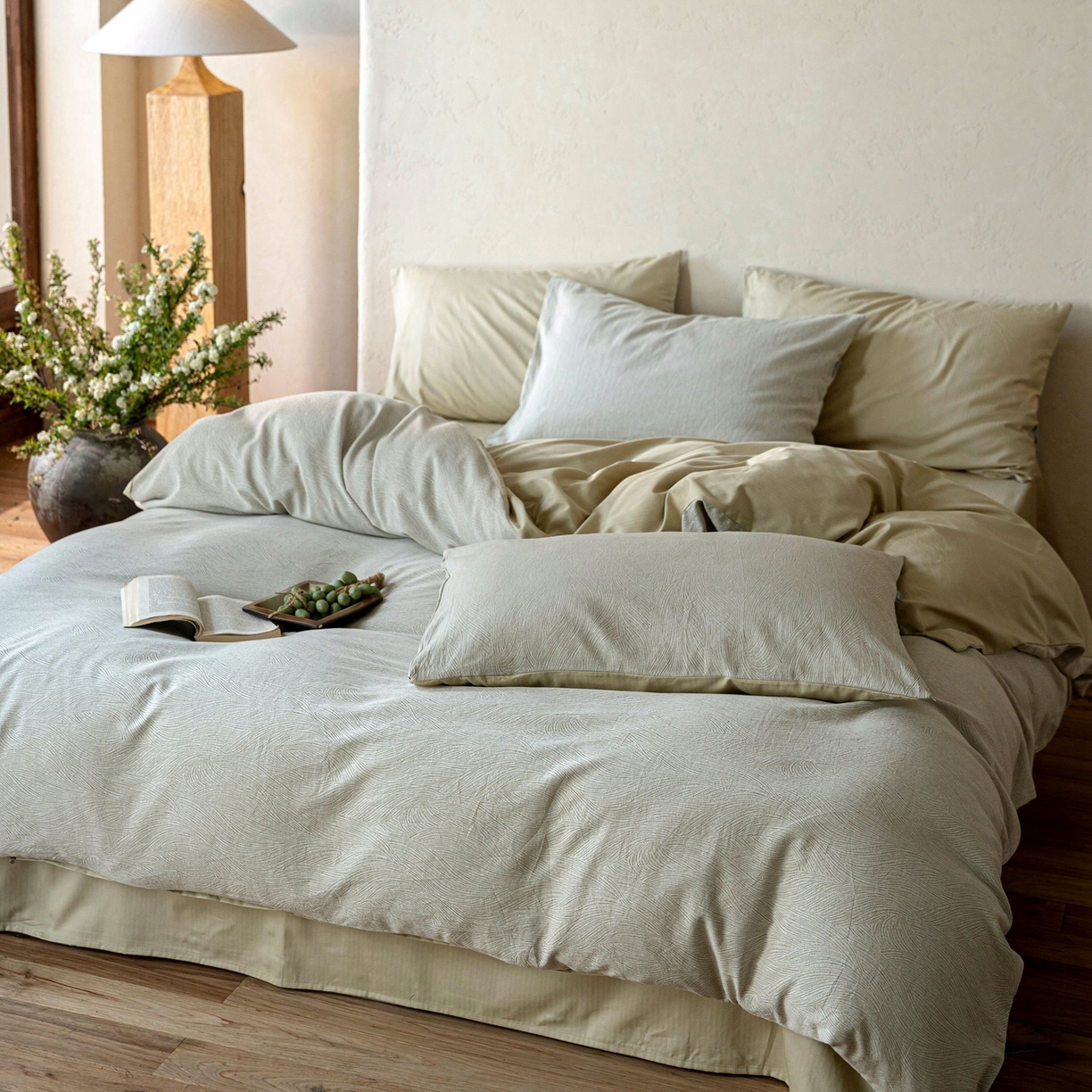 91家纺网 家纺一手货源 找家纺 时光里 2026新款全棉纯棉60支色织水洗提花四件套 一纸流光-绢色