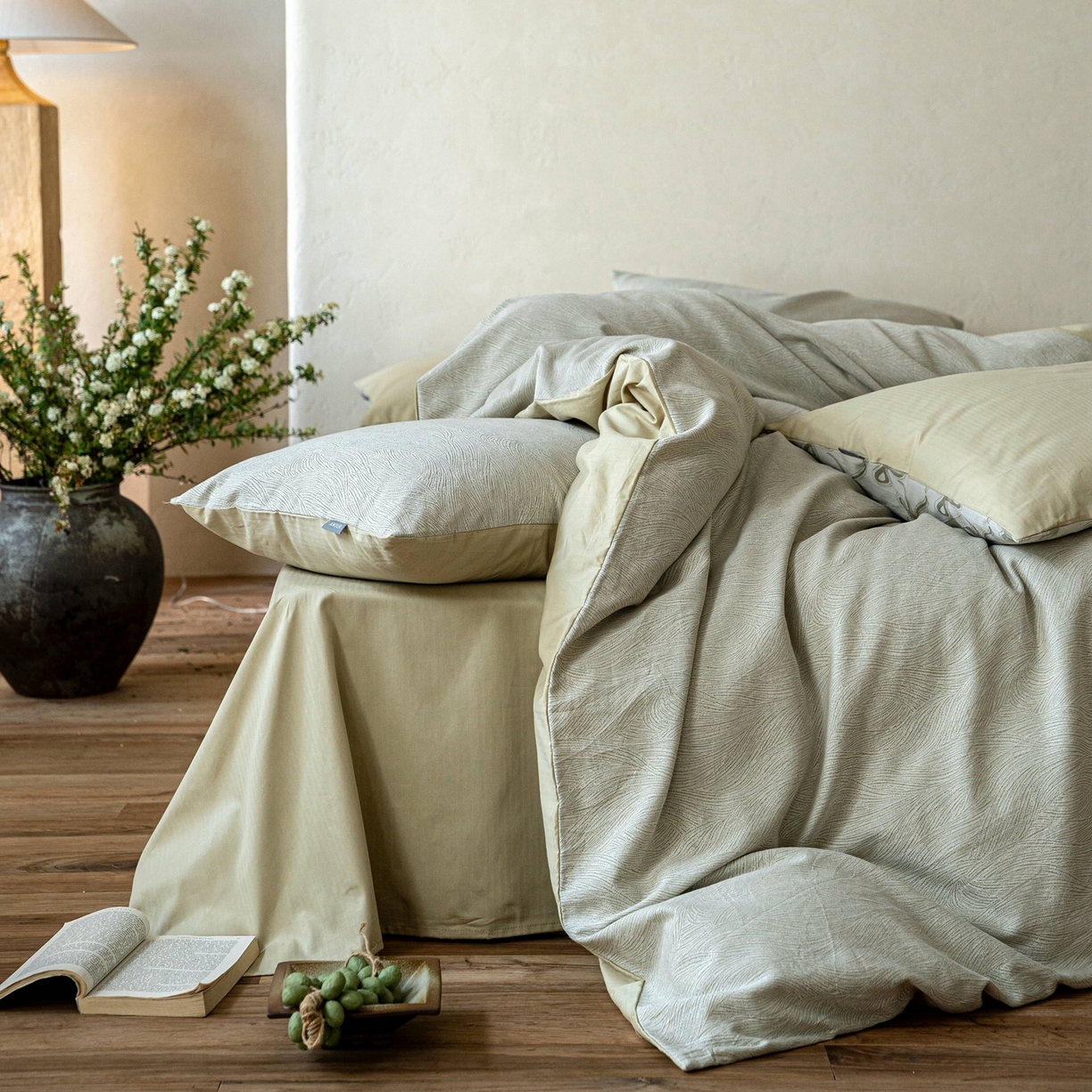 91家纺网 家纺一手货源 找家纺 时光里 2026新款全棉纯棉60支色织水洗提花四件套 一纸流光-绢色