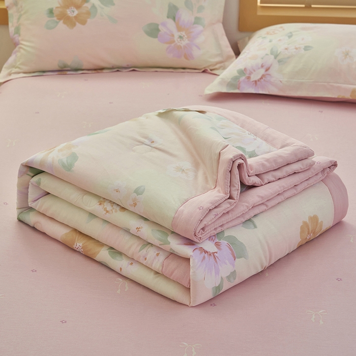 91家纺网 家纺一手货源 找家纺 简如 2026新款印花里外全棉夏凉被四件套 四季花园-粉