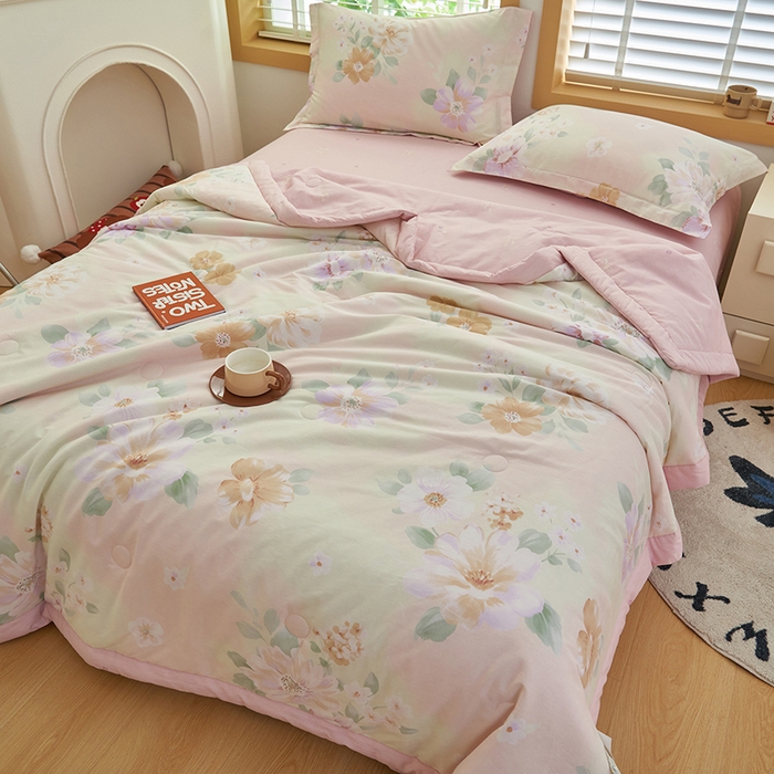 91家纺网 家纺一手货源 找家纺 简如 2026新款印花里外全棉夏凉被四件套 四季花园-粉