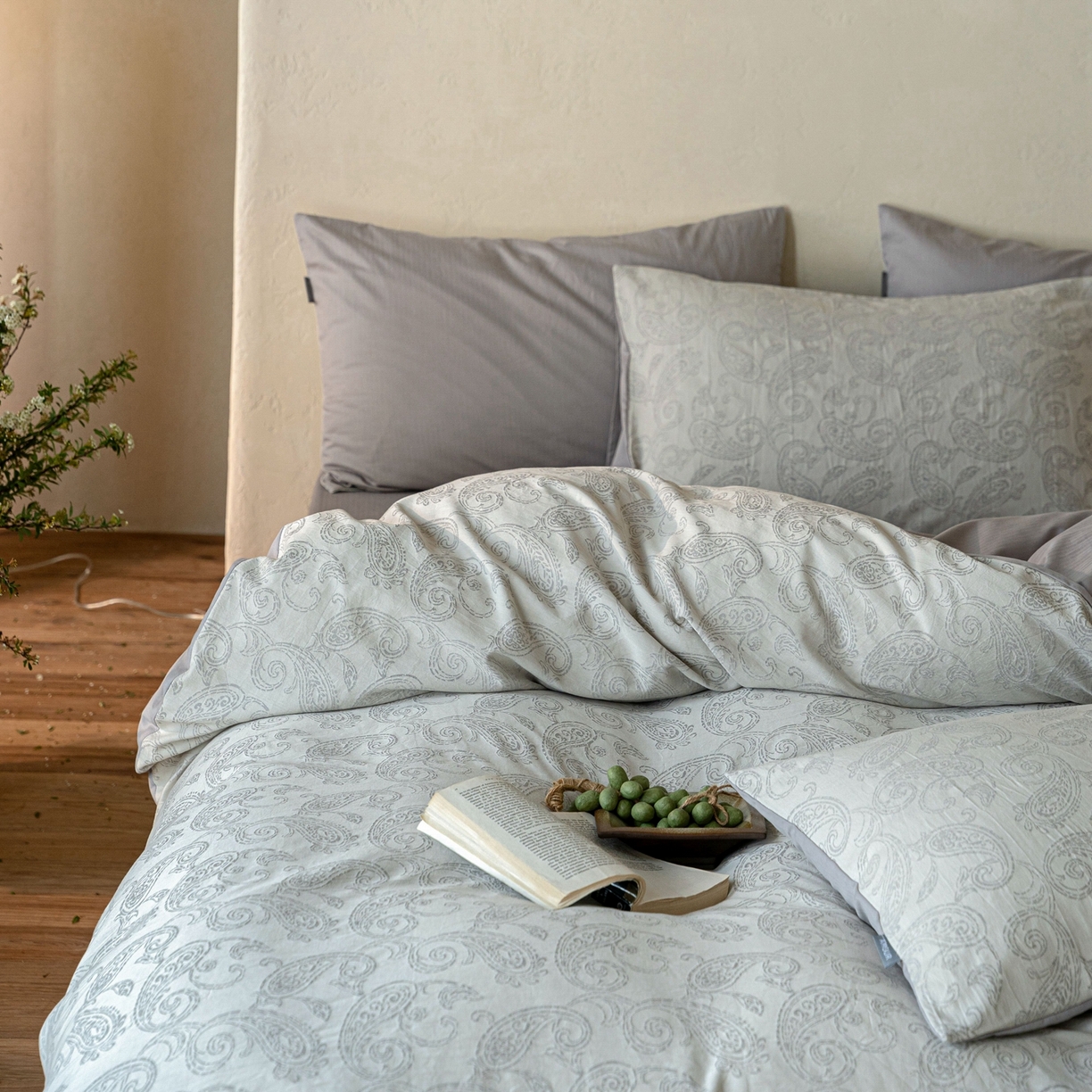 91家纺网 家纺一手货源 找家纺 时光里 2026新款全棉纯棉60支色织水洗提花四件套 予栖--米灰