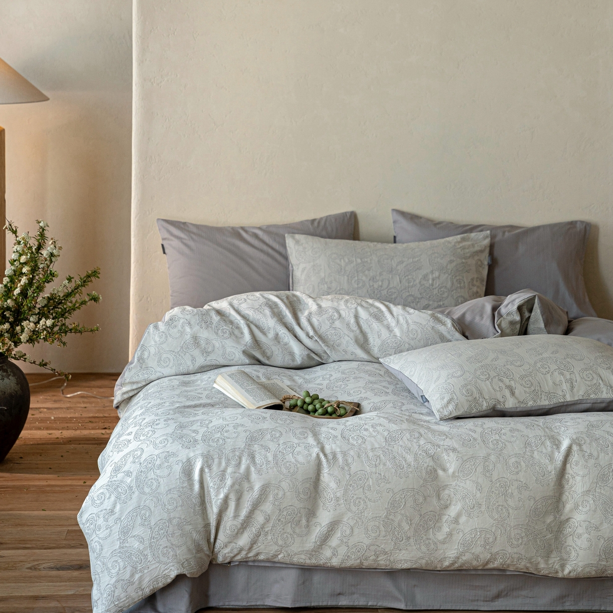 91家纺网 家纺一手货源 找家纺 时光里 2026新款全棉纯棉60支色织水洗提花四件套 予栖--米灰