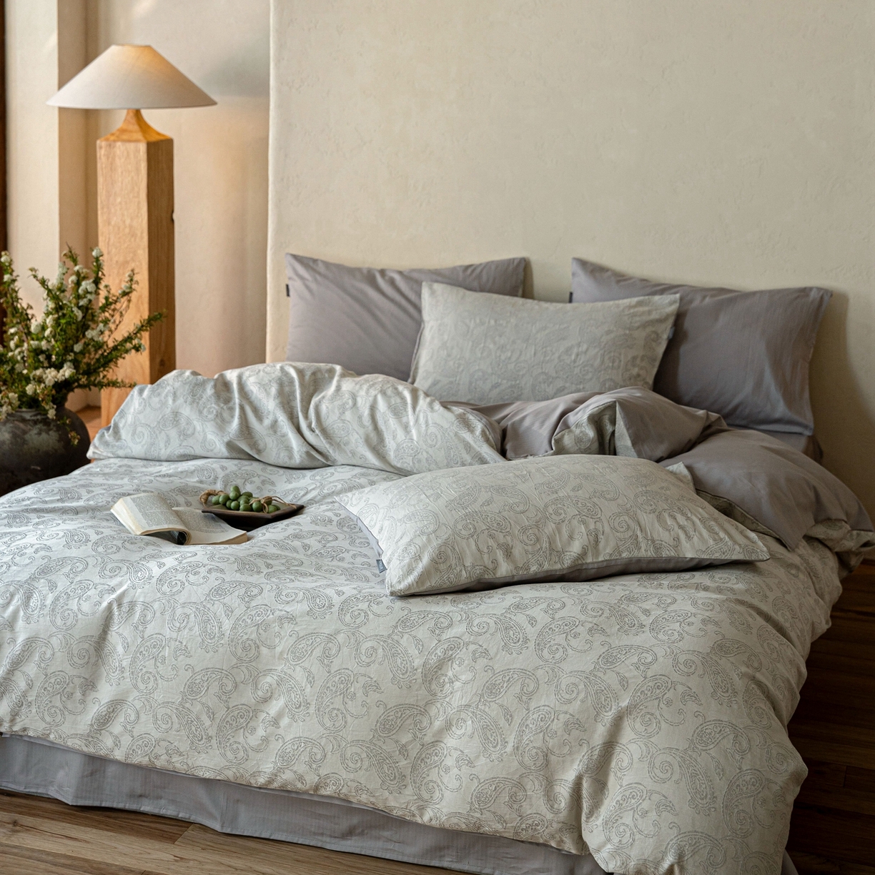 91家纺网 家纺一手货源 找家纺 时光里 2026新款全棉纯棉60支色织水洗提花四件套 予栖--米灰