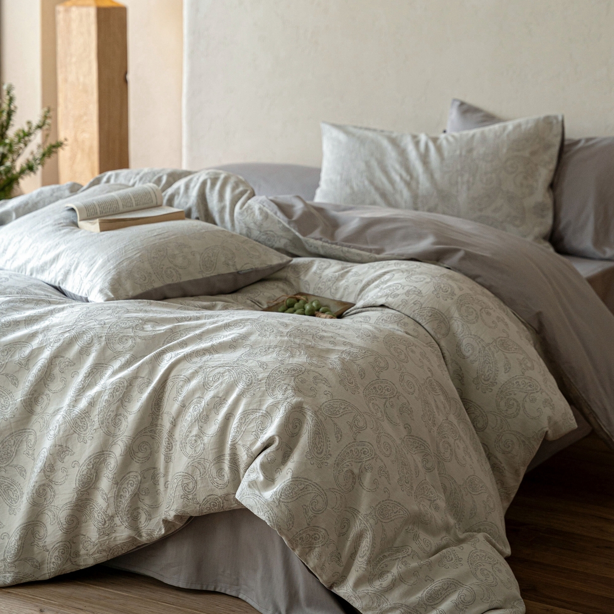 91家纺网 家纺一手货源 找家纺 时光里 2026新款全棉纯棉60支色织水洗提花四件套 予栖--米灰