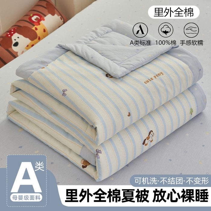 91家纺网 家纺一手货源 找家纺 简如 2026新款印花里外全棉夏凉被四件套 条纹小马