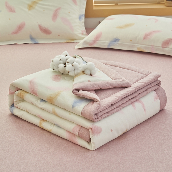 91家纺网 家纺一手货源 找家纺 简如 2026新款印花里外全棉夏凉被四件套 羽叶