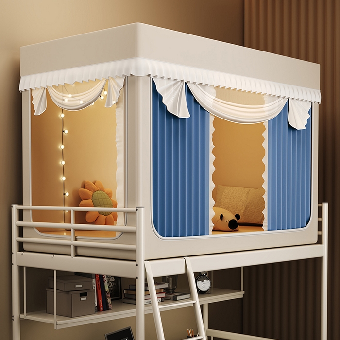 无瑕家居 2026新款全强遮光大学生蚊帐坐床蚊帐一体式三开门蚊帐学生款宿舍蚊帐上下铺宿舍蚊帐 奶油黄+藏青