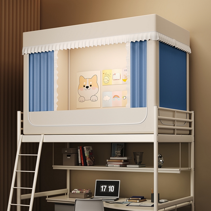 91家纺网 家纺一手货源 找家纺 无瑕家居 2026新款全强遮光大学生蚊帐坐床蚊帐一体式三开门蚊帐学生款宿舍蚊帐上下铺宿舍蚊帐 奶油黄+藏青